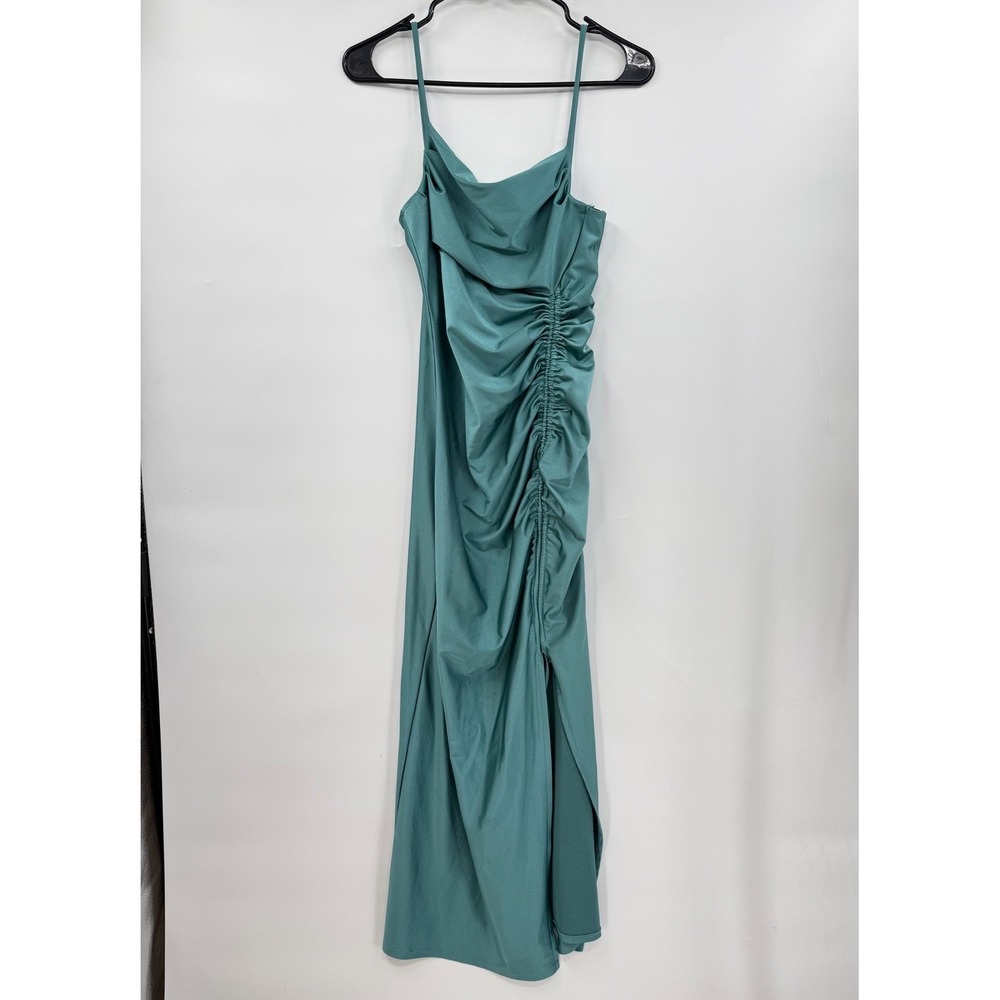 Liz & Sara Large Slip Dress Womens Teal Green Ruched Cowl Neck Side Slit Midi